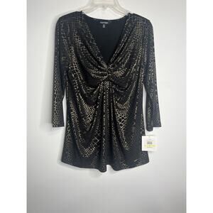 Ellen Tracy Womens Blouse Medium Black Gold Career Casual VNeck 3/4 Sleeves
